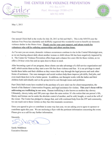 Letter from Sandy Middleton about 2013 JFP Chick Ball