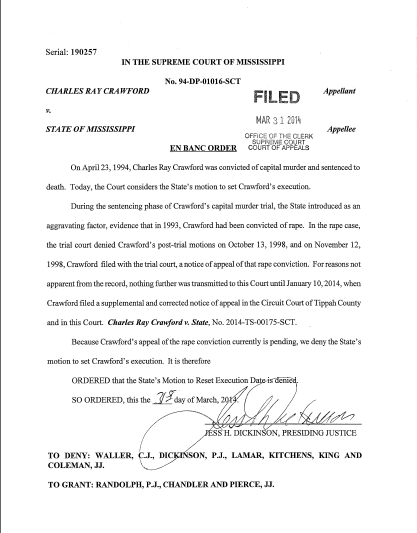 MSSC Order Denying State’s Request to Set an Execution Date for Charles Ray Crawford
