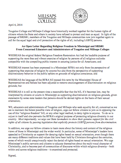 Millsaps-Tougaloo Joint Letter Against SB 2681
