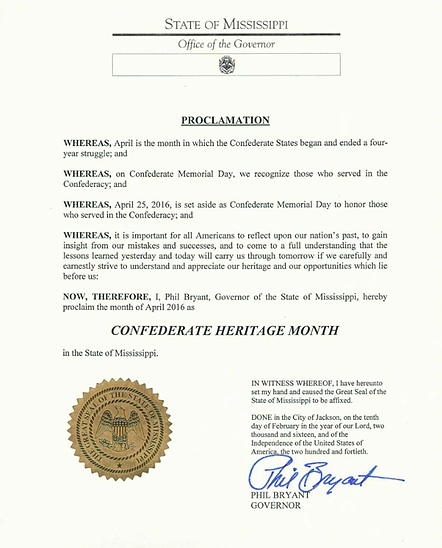 2016: Gov. Bryant Proclaims April ‘Confederate Heritage Month’