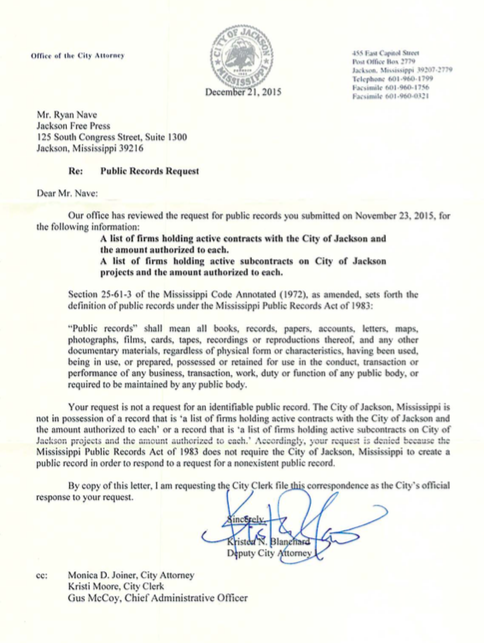 City Refuses to Provide Contractor List