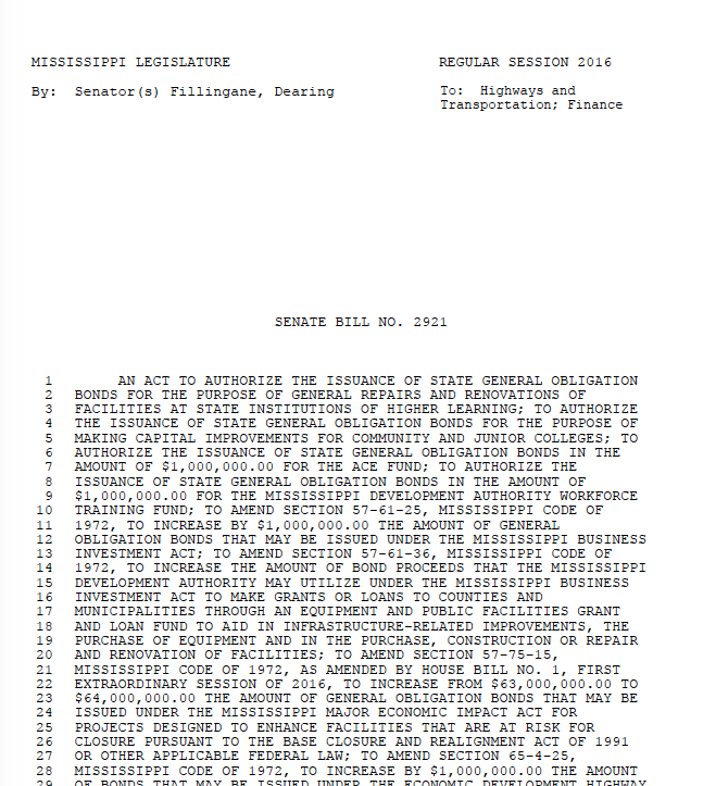 “Highway” Bond Bill (Senate Bill 2921)
