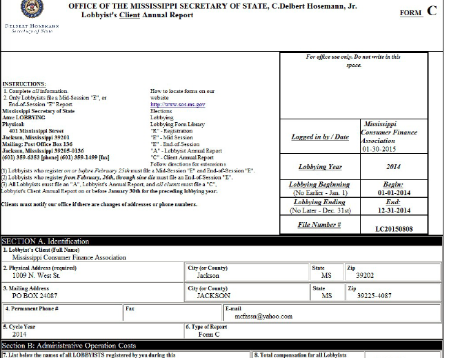 Mississippi Consumer Finance Association Lobbyist’s Client Reports 2014-2015