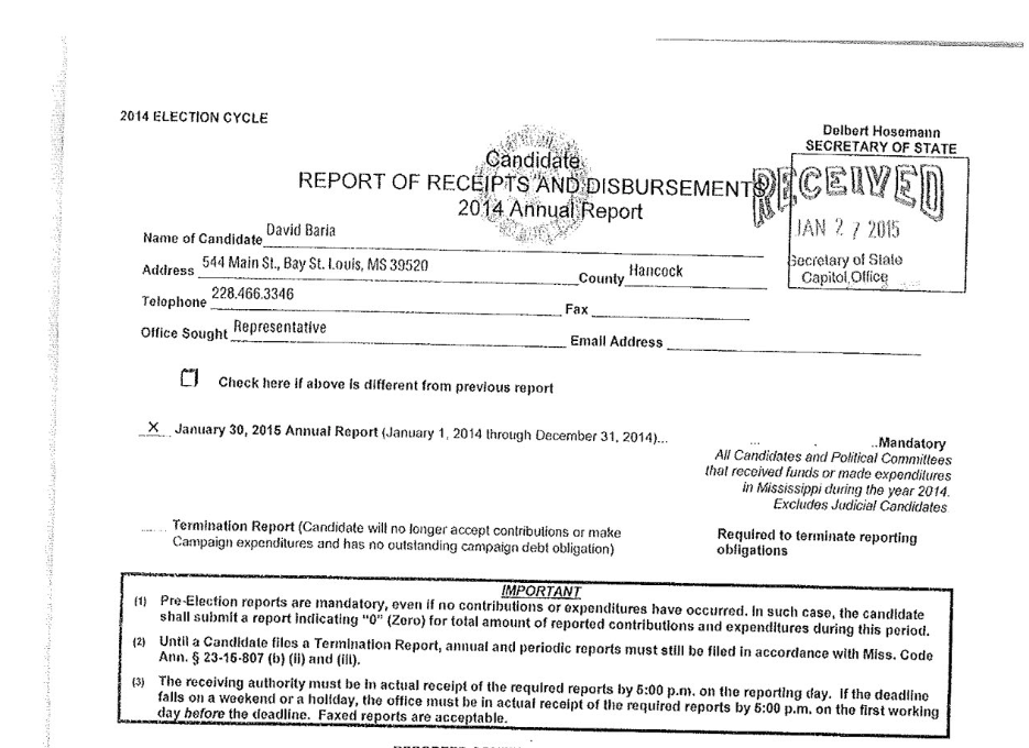 David Baria 2015 Campaign Finance Reports