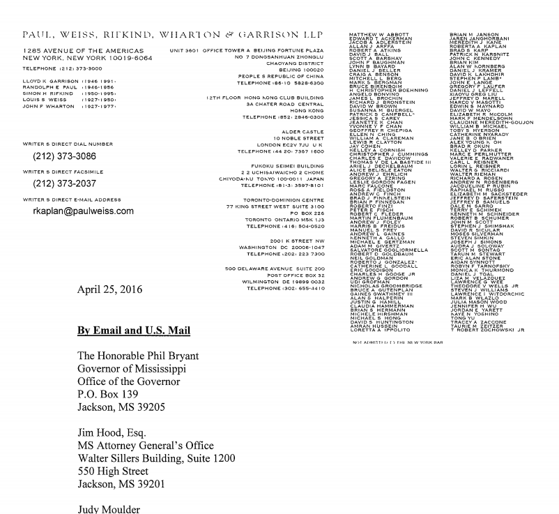 Roberta Kaplan Letter to Govt. Leaders Concerning HB1523