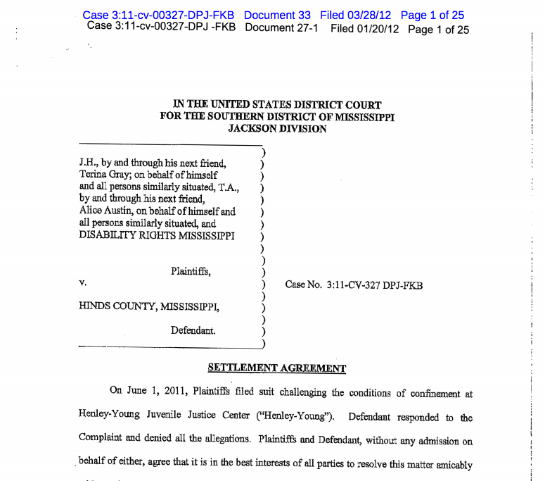 JH v. Hinds County 2012 Settlement Agreement