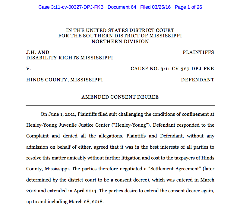 JH v. Hinds County 2016 Consent Decree (Henley-Young Lawsuit)