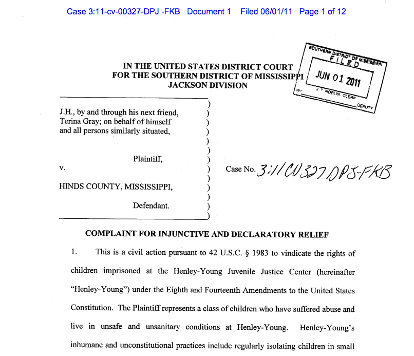 JH v. Hinds County 2011 Complaint (Henley-Young Lawsuit)