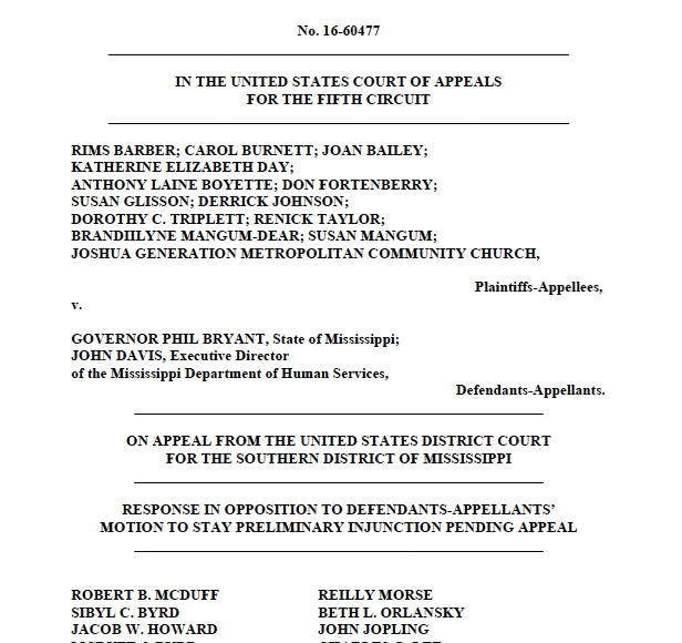 MS Center for Justice Plaintiffs’ 5th Circuit Response Motion