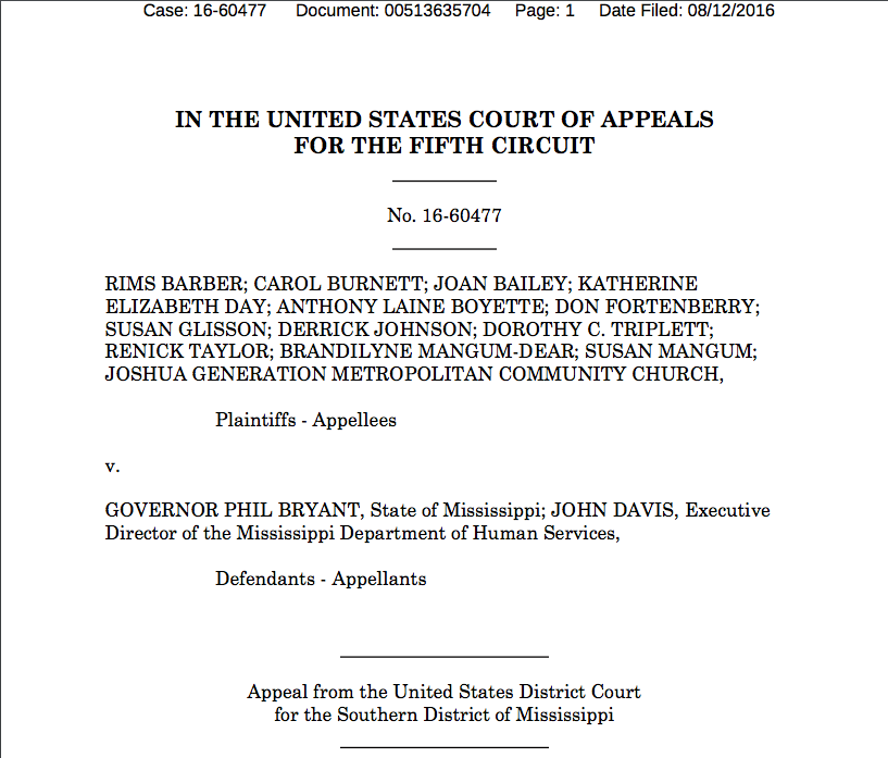 5th Circuit Order Denying Gov. Bryant’s HB1523 Stay Motion