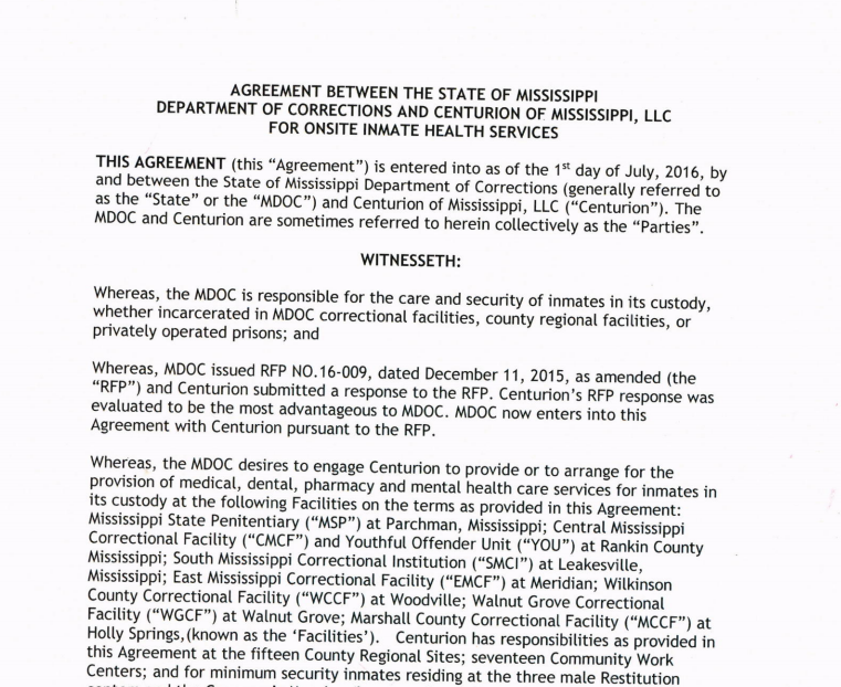 MDOC-Centurion Inmate Healthcare Contract