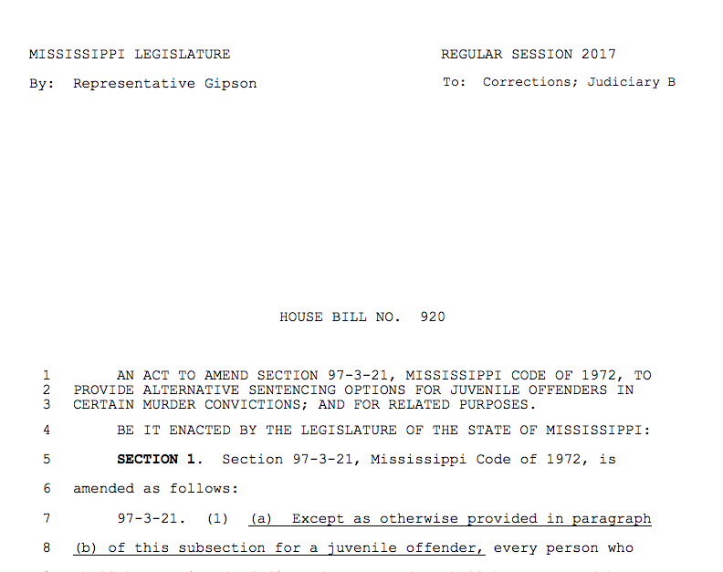 HB 920 Juvenile Sentencing Bill