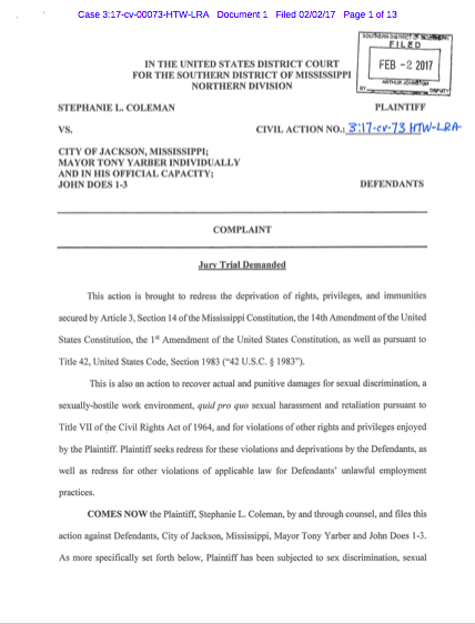 Stephanie Coleman’s Complaint Against City of Jackson, Mayor Yarber