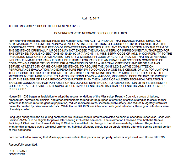 Governor Veto Message HB 1033