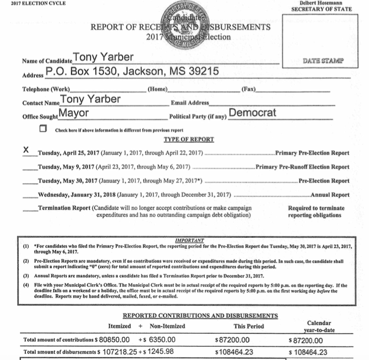 Tony Yarber April 25 Campaign Finance Report