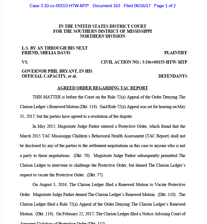 Troupe v. Barbour Order Releasing TAC Report