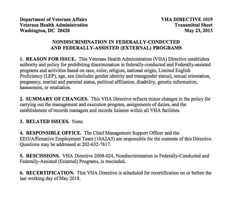 VA Nondiscrimination Policy (Adopted 2013)