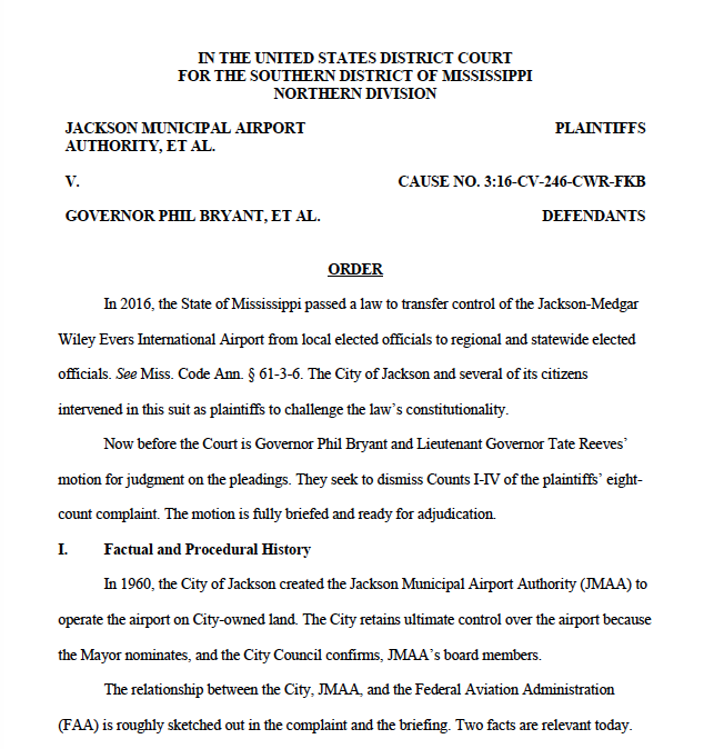 City of Jackson et al v. Bryant et al Reeves Order on Counts 1-4