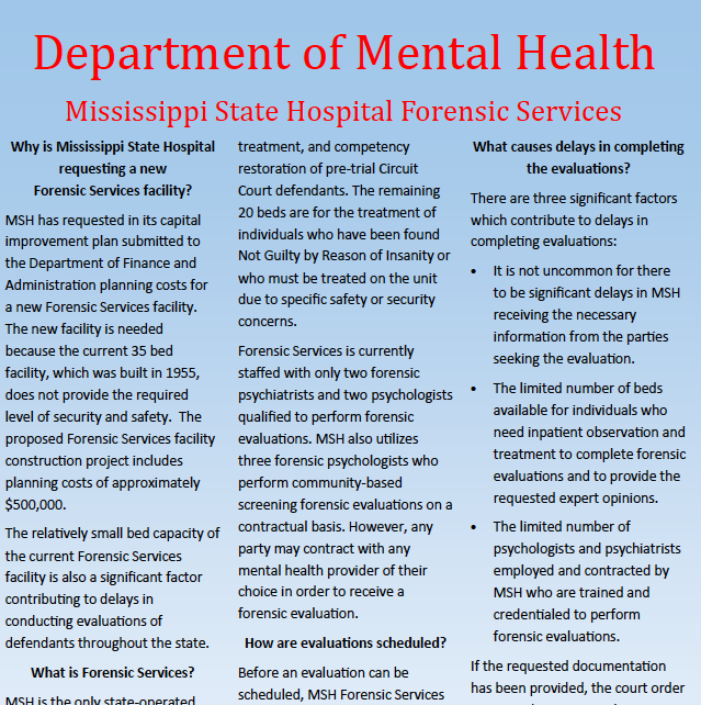 Dept. of Mental Health Forensic Services Info Sheet