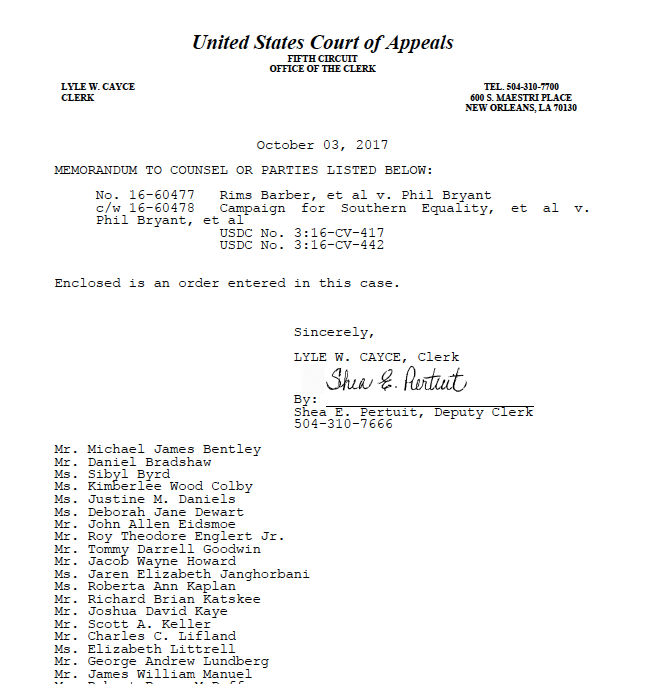 Barber v. Bryant 5th Circuit Order (Stay Denied, Oct. 3)
