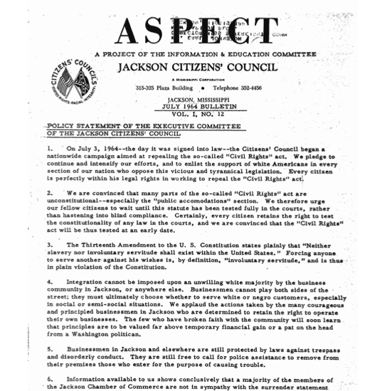Aspect, Jackson Citizens’ Council Bulletin July 1964