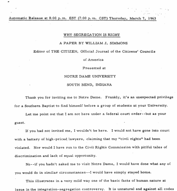 W. Simmons Notre Dame Address (SC Files, March 1963)