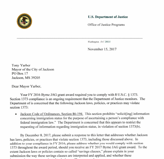 DOJ-City of Jackson Immigration Letter