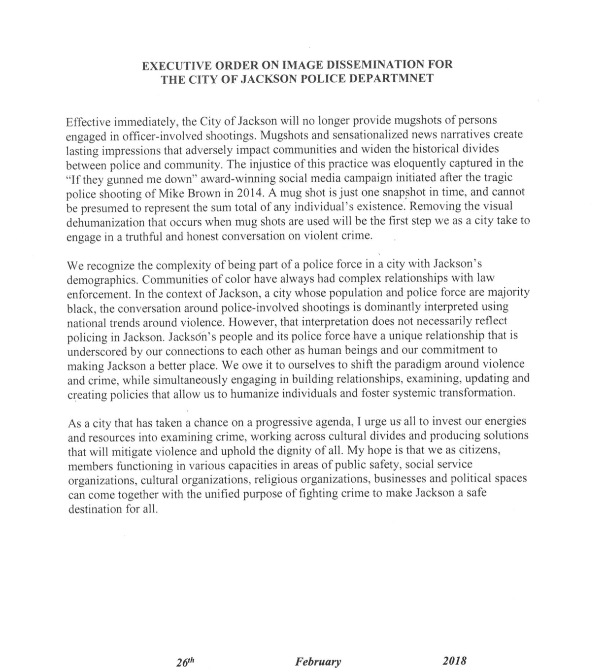 Mayor Lumumba’s Executive Order on Mugshots in Police-Involved Shootings