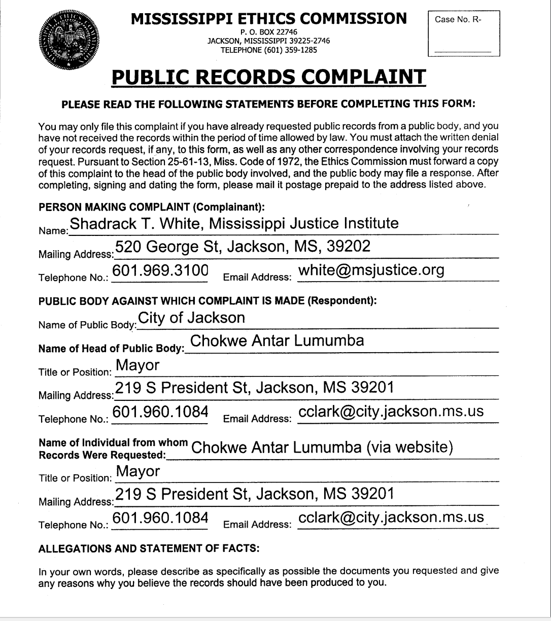 MS Justice Institute Ethics Complaint Against COJ