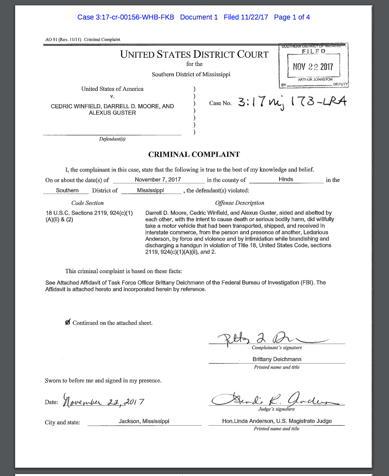 Darrell Moore and Cedric Winfield Complaint and Affidavit