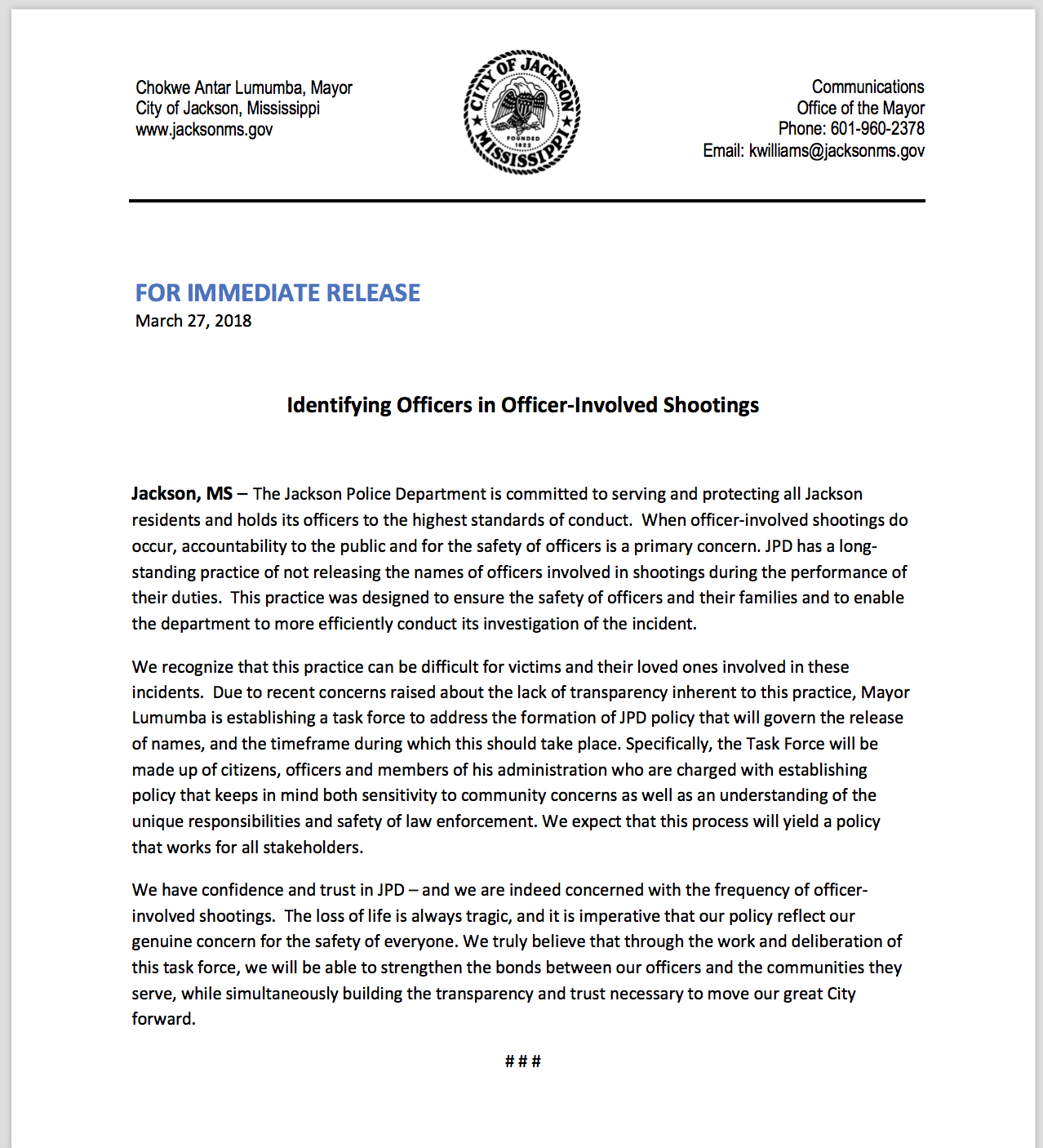 Statement: Mayor Lumumba’s Task Force on Identifying Officers in Officer-Involved Shootings