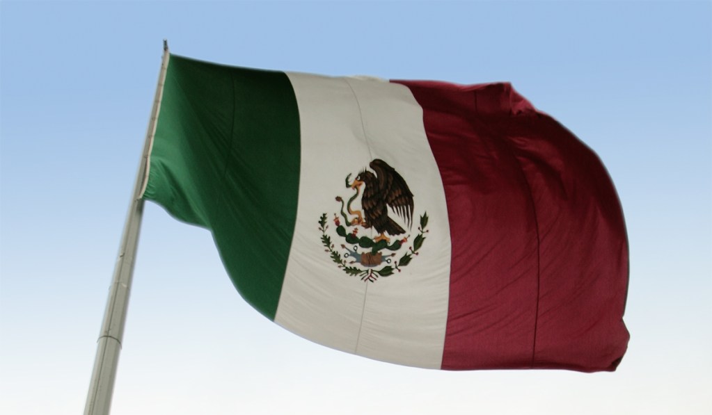 A flag with three stripes: one green, one white, one red. In the center is an image of a bird.