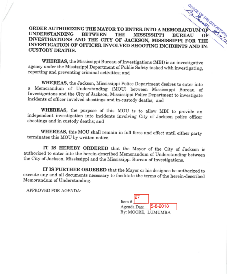 MBI Officer-Involved Shooting Agreement w/ City of Jackson (May 2018)