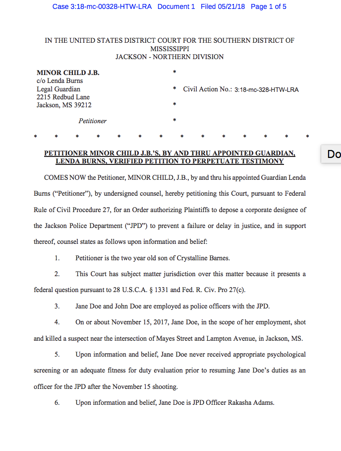 Petition Against City of Jackson to Release Names in Shooting Death of Crystalline Barnes