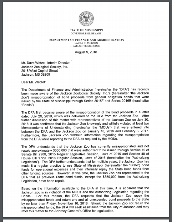 DFA Letter to Jackson Zoo About Bond Repayment (Aug 9, 2018)