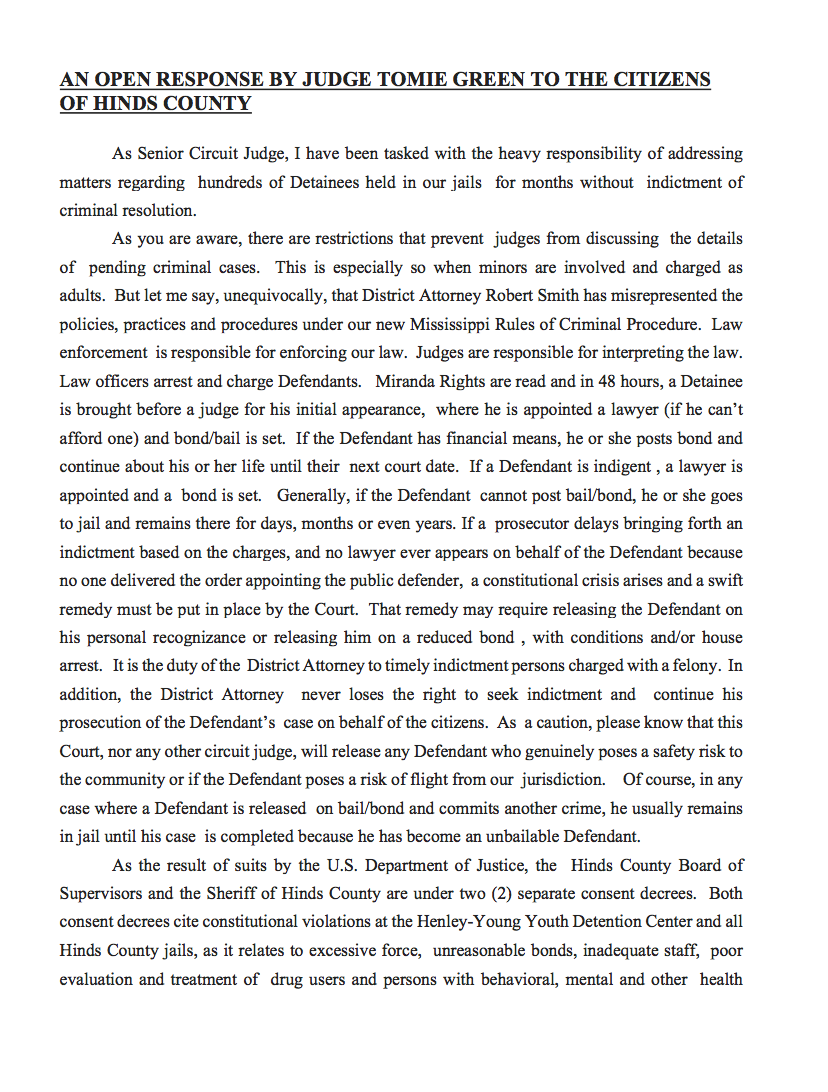 AN OPEN RESPONSE BY JUDGE TOMIE GREEN TO THE CITIZENS OF HINDS COUNTY