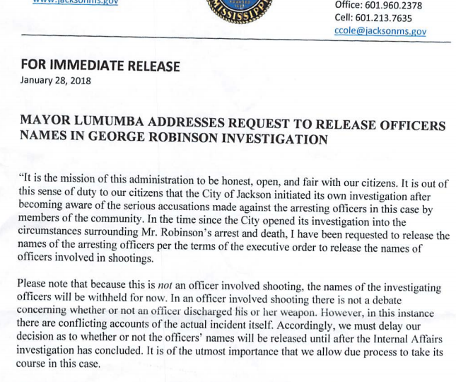 Mayor Lumumba Addresses Request to Release Officers’ Names in George Robinson Investigation