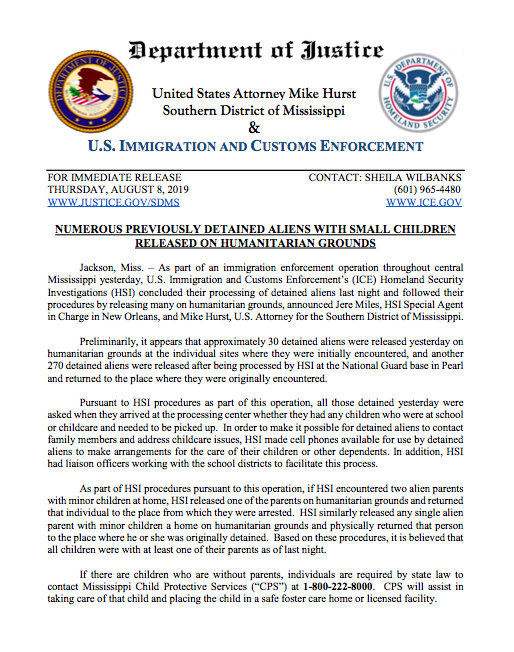 U.S. Attorney-ICE Say Released Parents on ‘Humanitarian’ Grounds