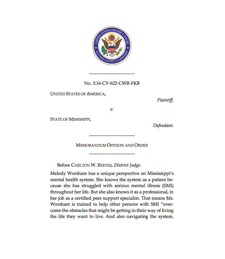 Ruling in United States of America v. State of Mississippi (Mental Health Case)