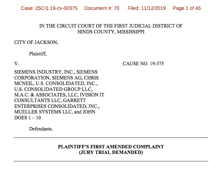 Title: City of Jackson v. Siemens – First Amended Complaint – Nov. 2019