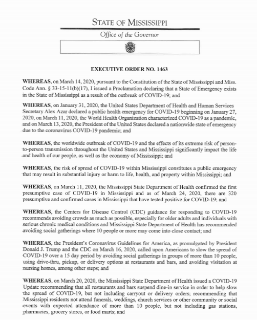 Executive Order 1463: Social Distancing and Essential Businesses
