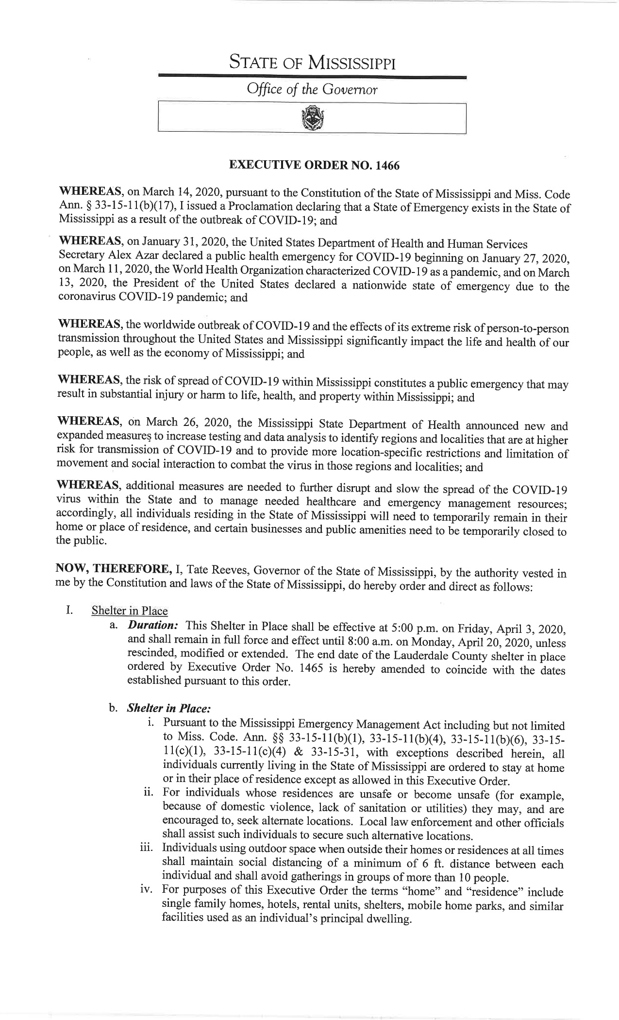 Executive Order 1466: Statewide Shelter-In-Place