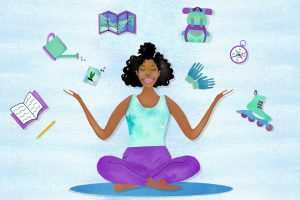 Illustration of a woman sitting in a meditative pose among items used for various hobbies by Robin Martea