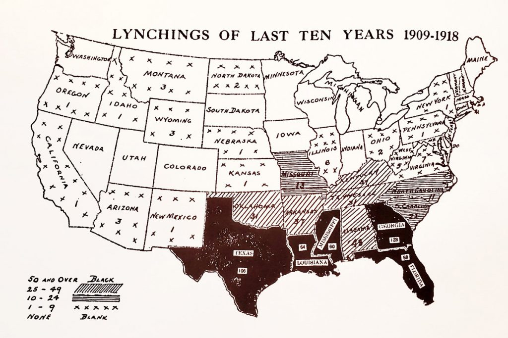 An early 20th-century NAACP map showing lynchings between 1909 and 1918.