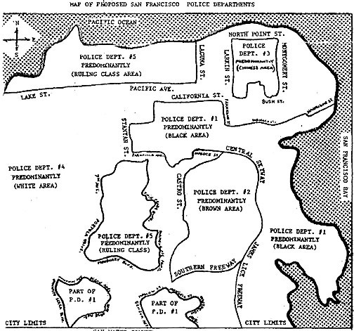 Black-and-white drawing of San Francisco with designated districts around certain neighborhoods