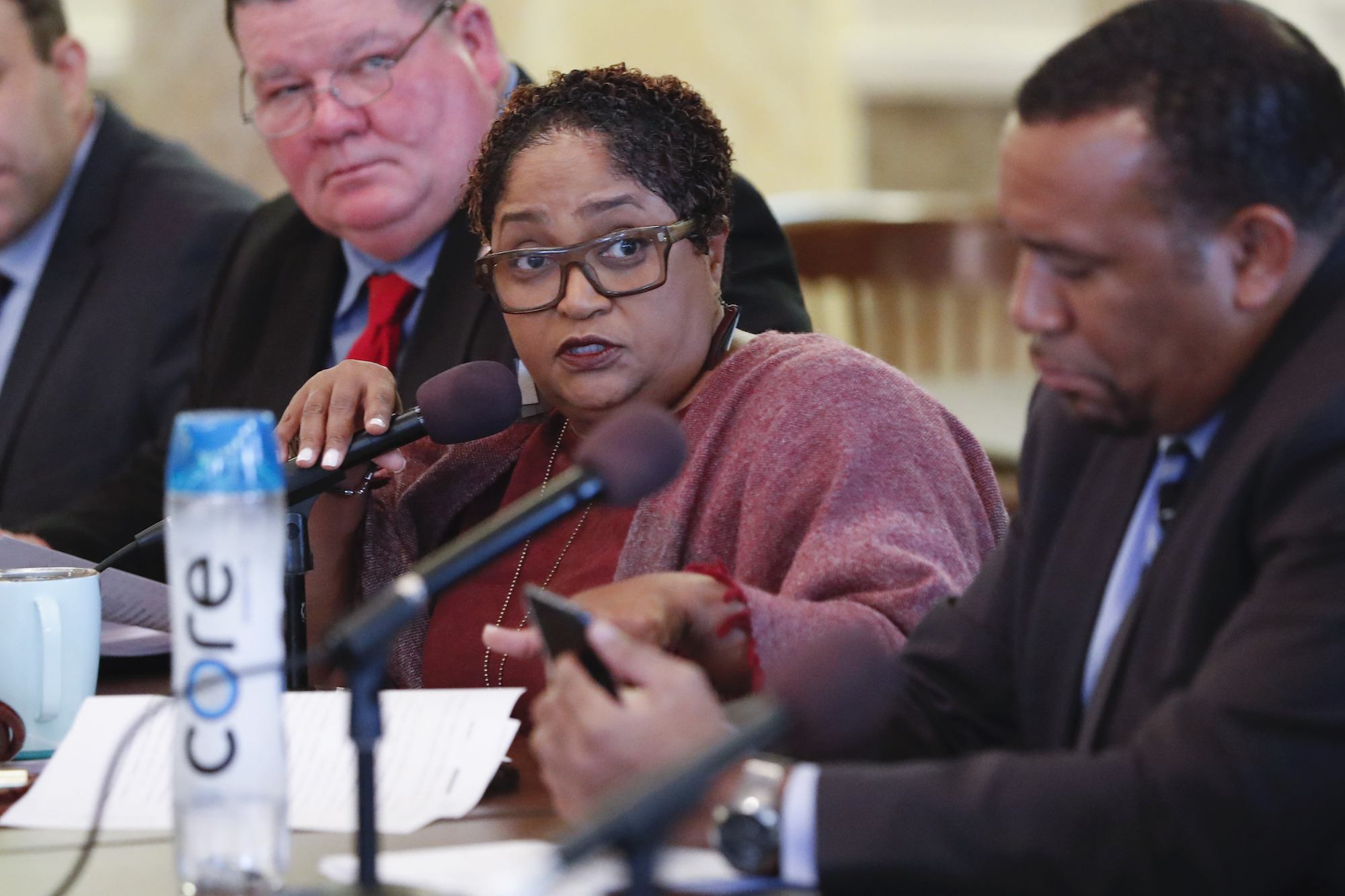 a woman in a committee hearing is speaking at a microphone