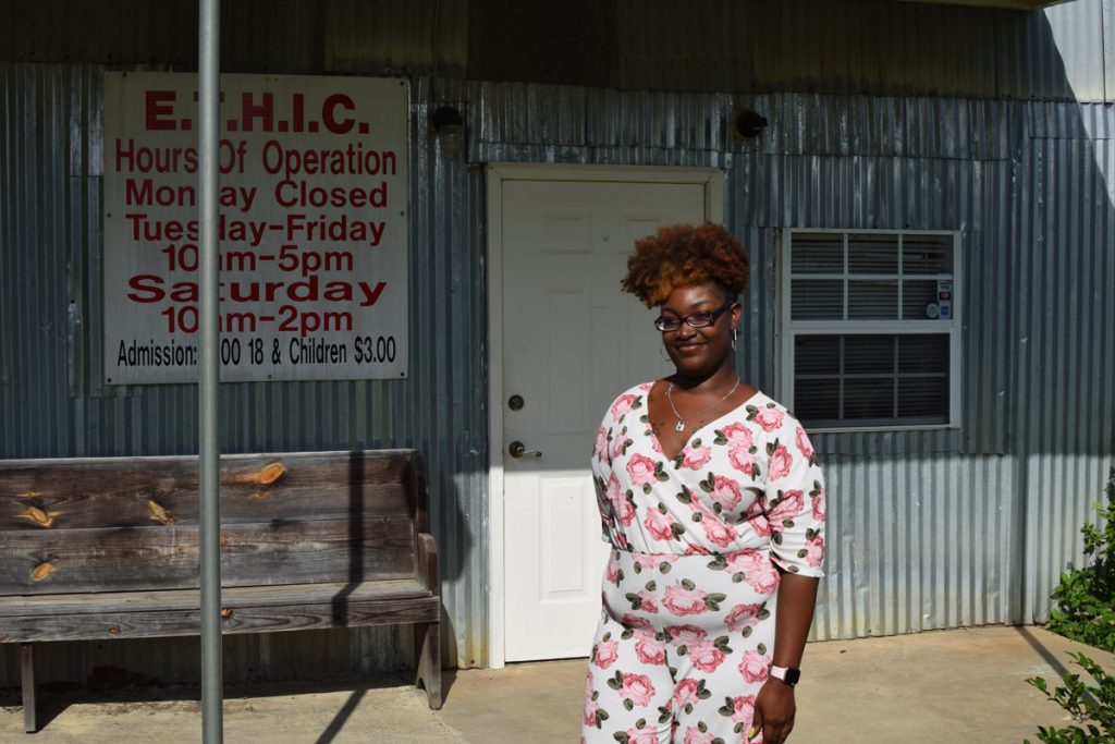 Ashley Haywood in front of the Emmett Till Historic Intrepid Center in Glendora, Mississippi