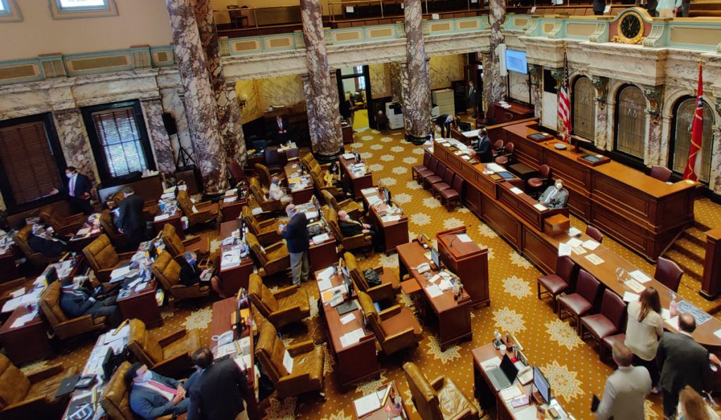 Overhead photo of the MS Legislature chamber from May of 2020