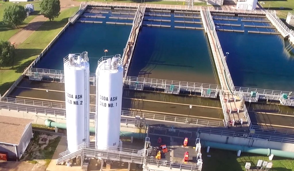 Overhead view of OB Curtis Water Plant towers and water tanks