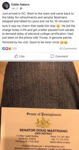 Eddie Nabors made a FB post saying he had met with Sen. Doug Mastriano from Pennsylvania and posted a photo of Mastriano's personal card sitting on his knee
